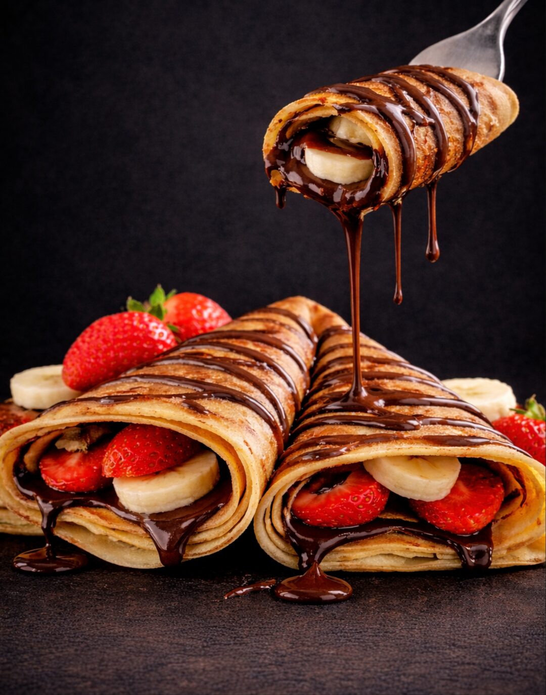 Chocolate-drizzled crepes with banana and strawberry
