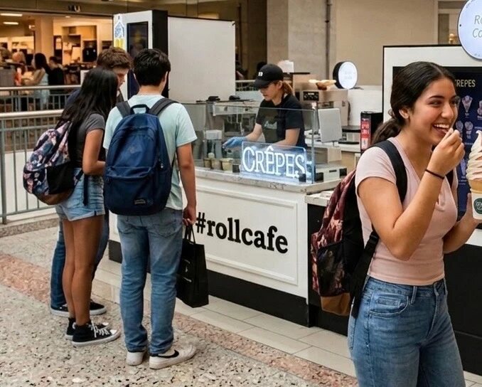 Students at the RollCafé crepe kiosk on Level 2 of the Glendale Galleria